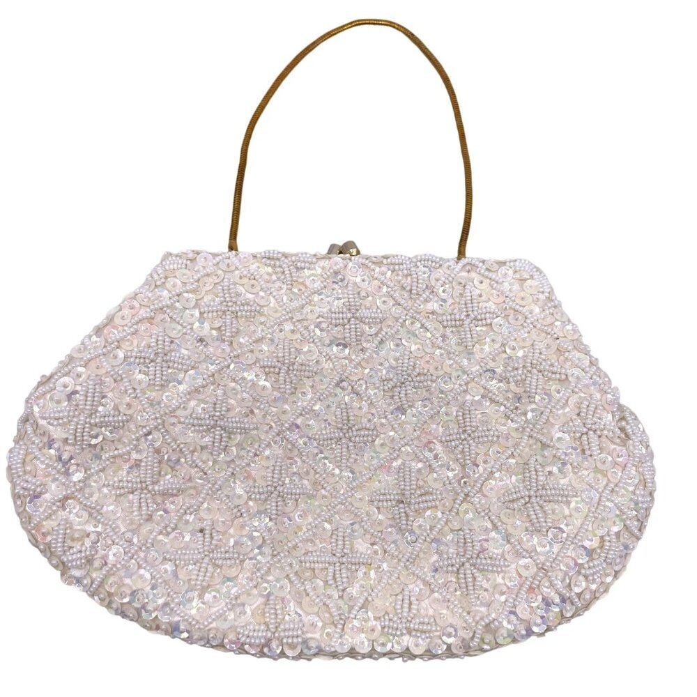 Vintage Jem Hand-Beaded Evening Bag  White Satin & Sequins  Handmade